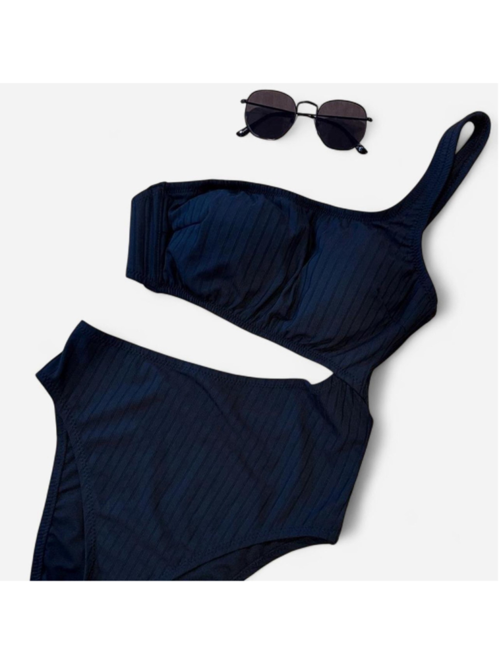 Shade & Shore Black Textured High Leg Cut Out Cheeky One Piece/Monokini